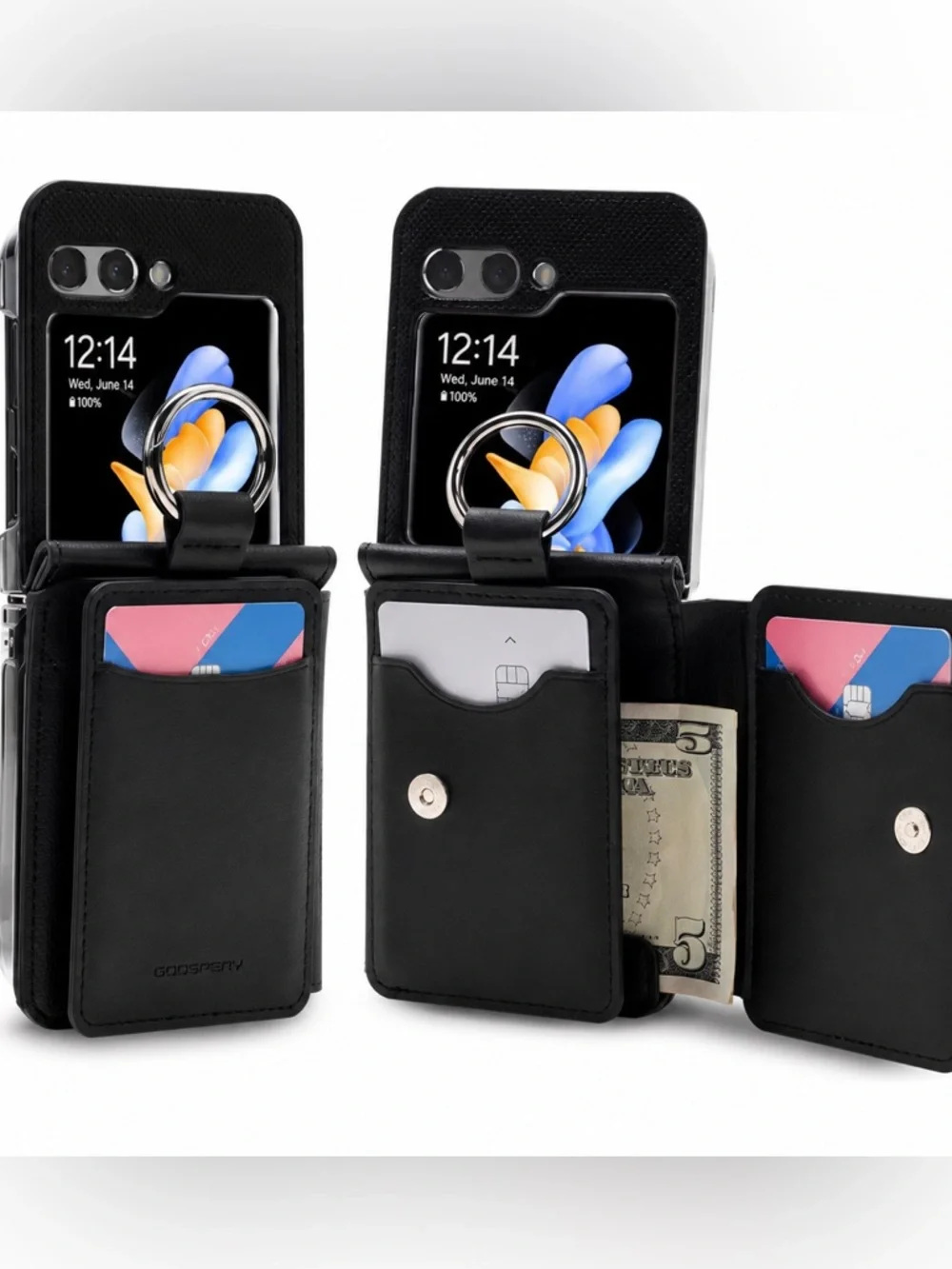 🆕Samsung Galaxy Z Flip5 GOOSPERY Flex Wallet Case Black Card Holder & Ring Grip